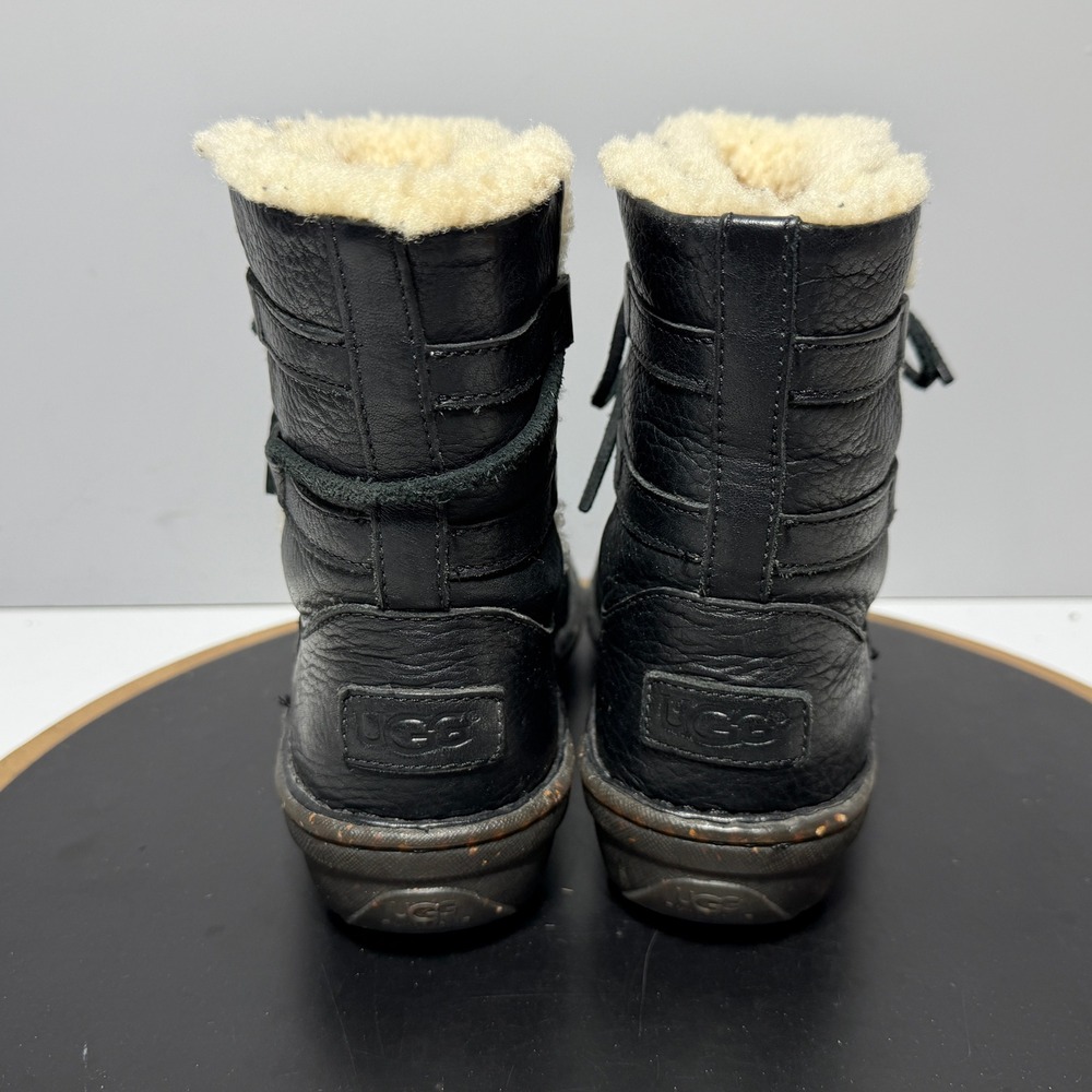 UGG Australia Mini Boots Women 7 Black Leather Shearling Lined Cozy Casual - Picture 8 of 11